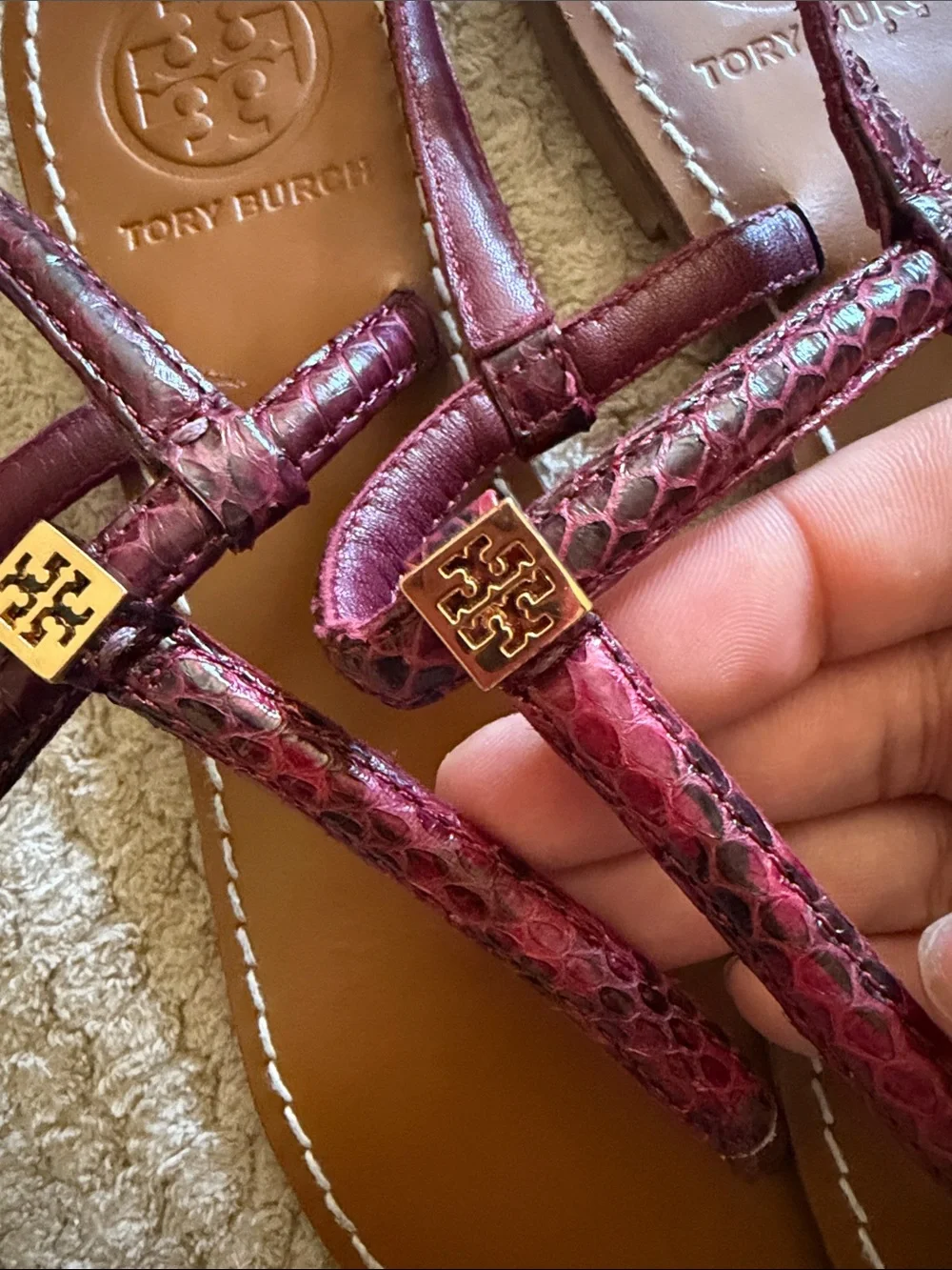 Tory Burch Alfie Snakeskin Leather Sandals with Gold Logo